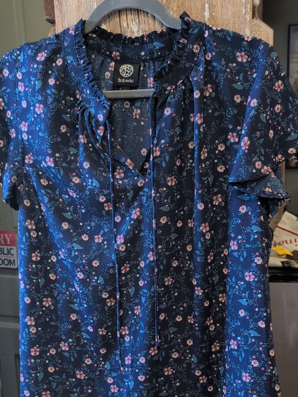 bobeau Navy Floral Ruffle Tie-Front Blouse